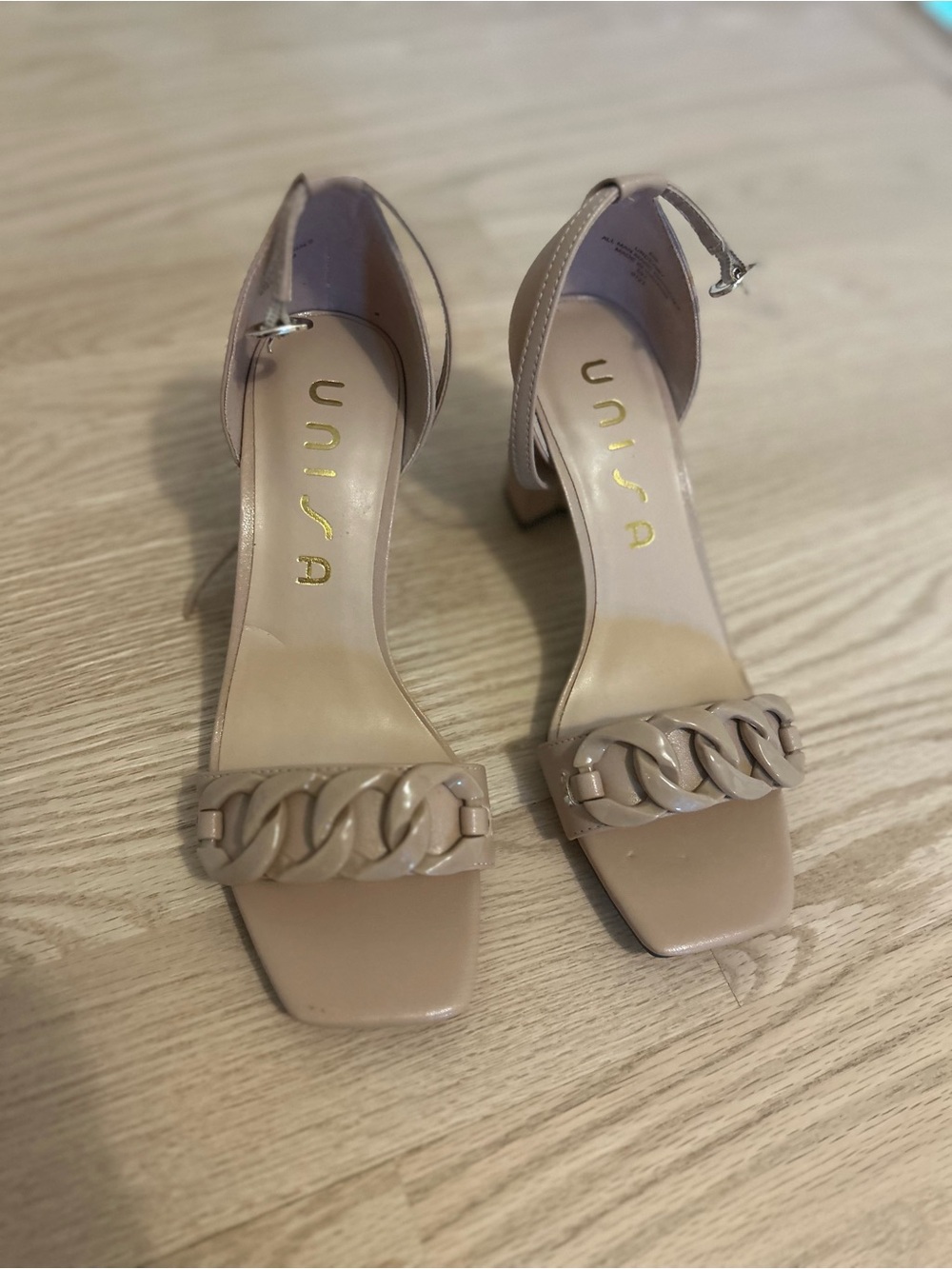 Unisa Nude Chain-Link Block Heel Sandals